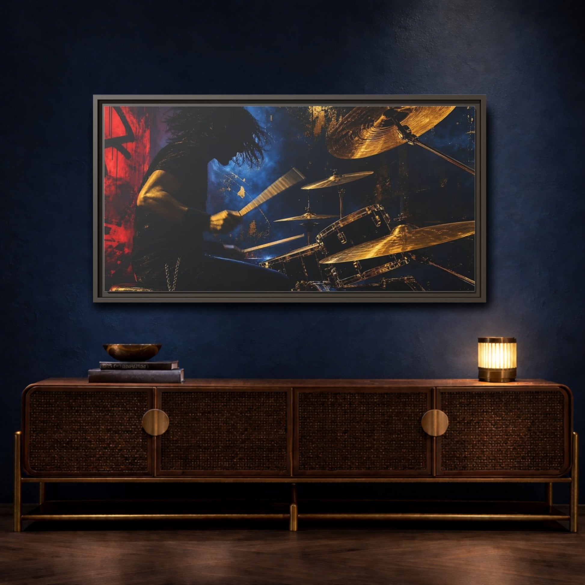 Mockup 4. Golden Cymbal Drummer shown as framed canvas print