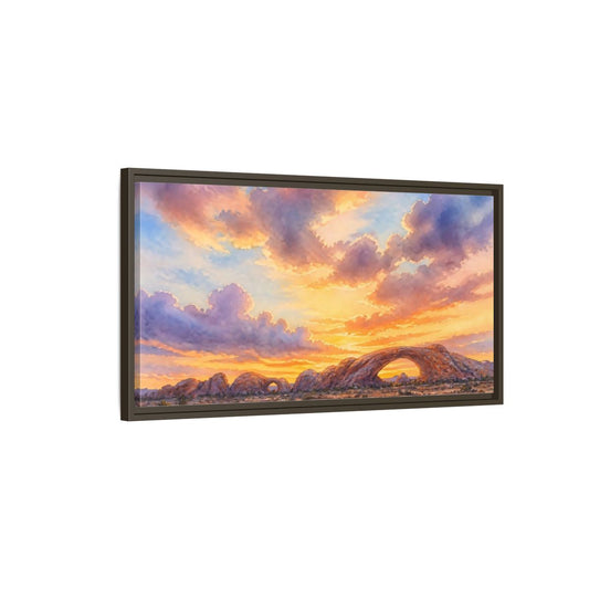 Main Mockup. Golden Desert Arch Sunset shown as framed canvas print