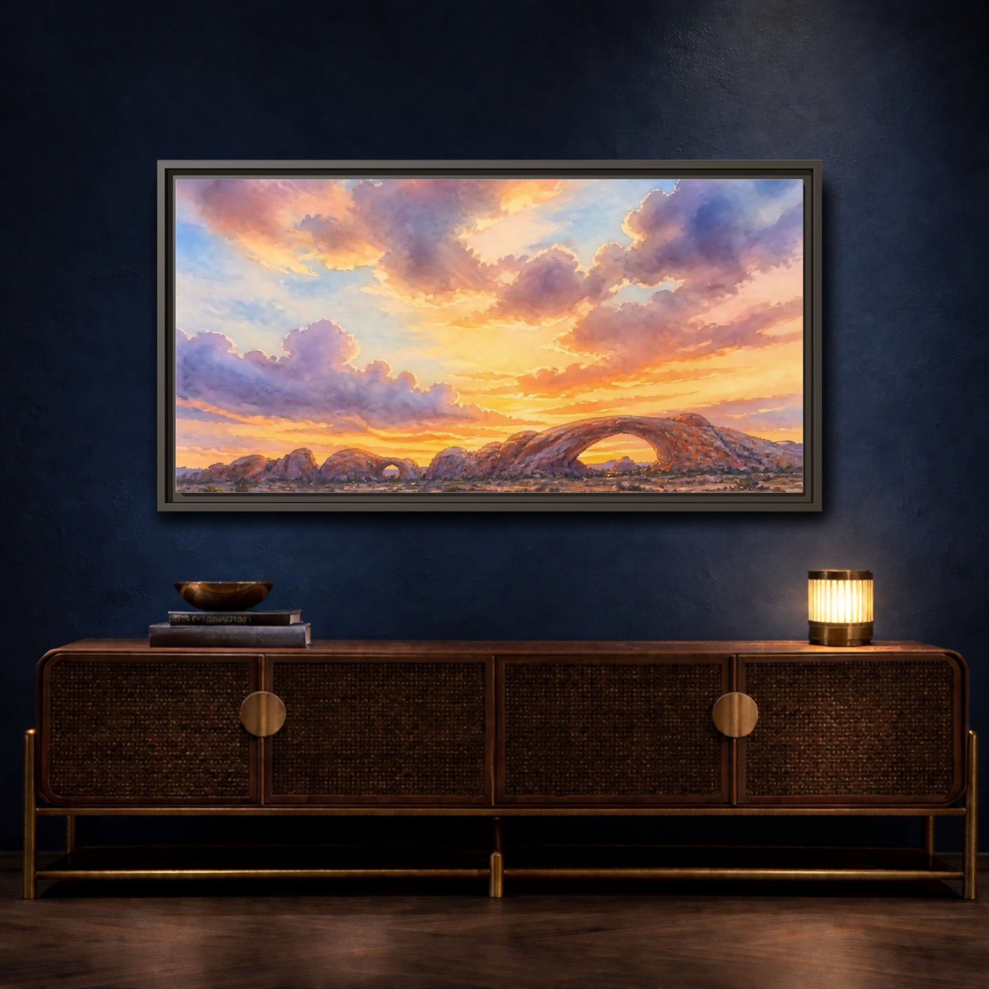 Mockup 4. Golden Desert Arch Sunset shown as framed canvas print