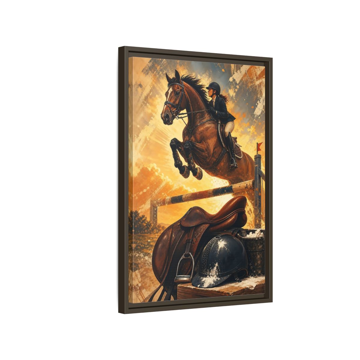 Side Mockup 2. Golden Equestrian Leap shown as framed canvas print