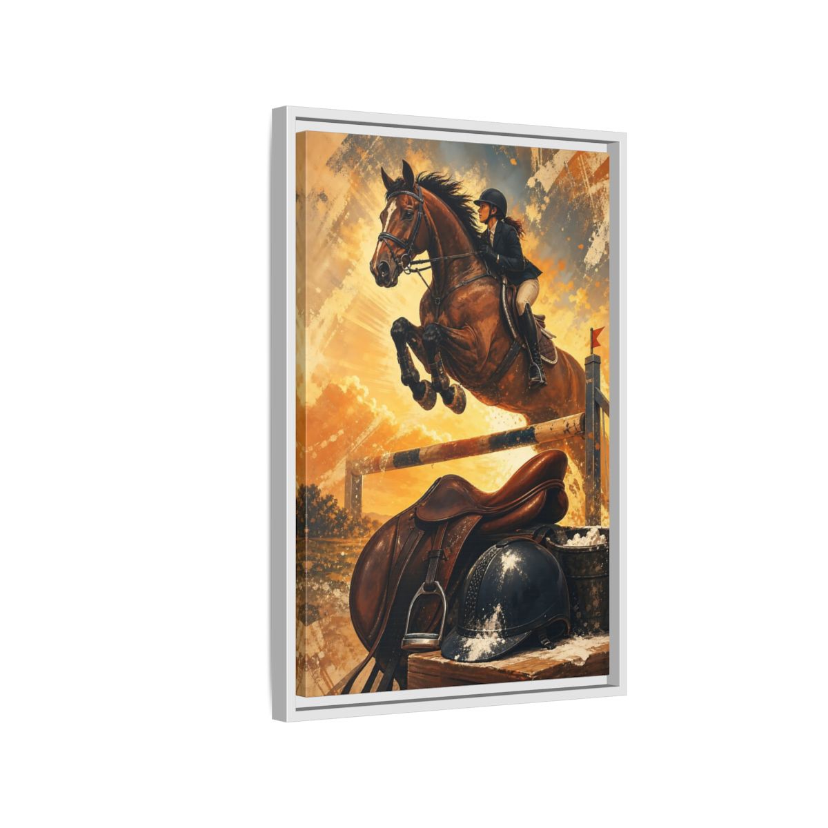 Side Mockup 1. Golden Equestrian Leap shown as framed canvas print
