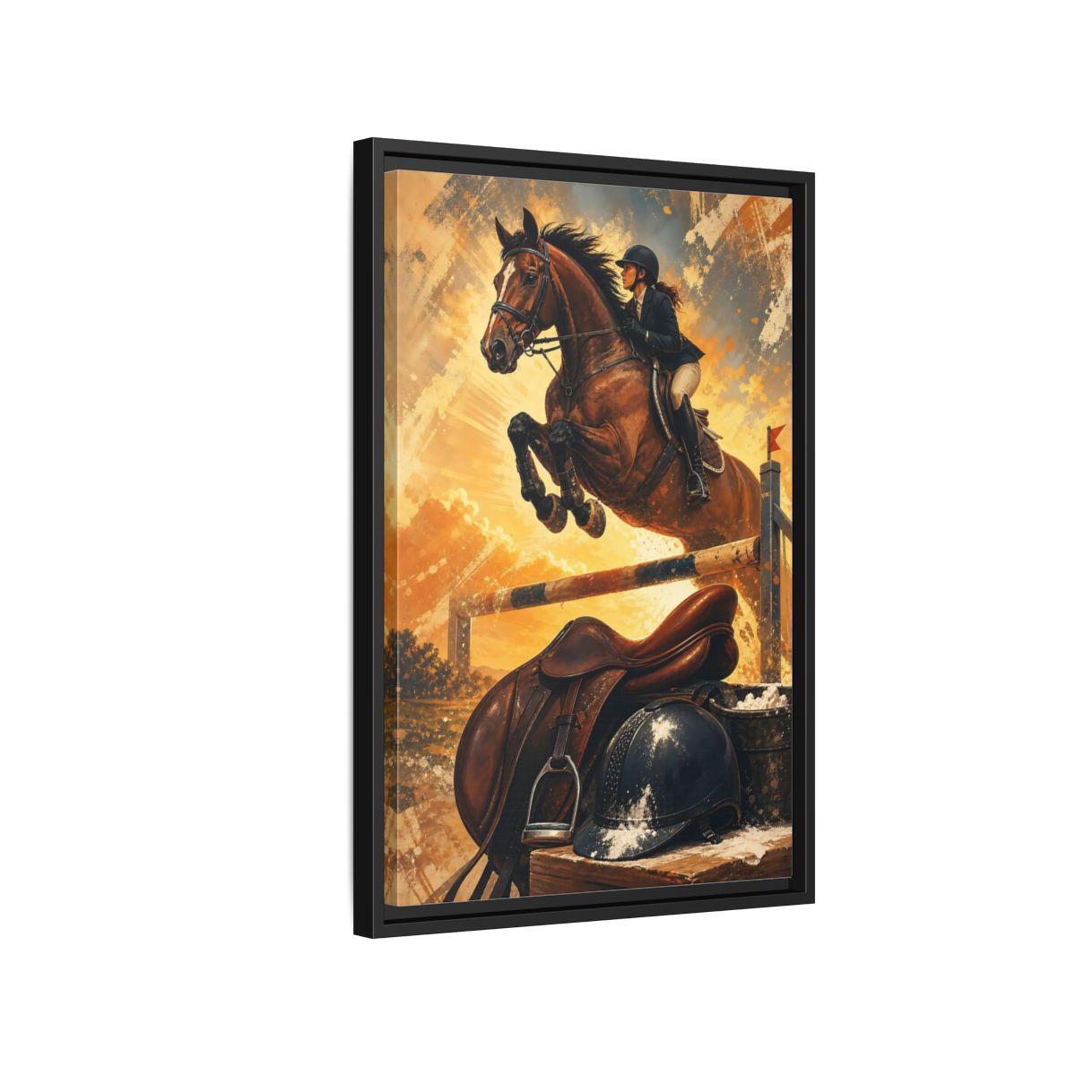 Side Mockup 3. Golden Equestrian Leap shown as framed canvas print