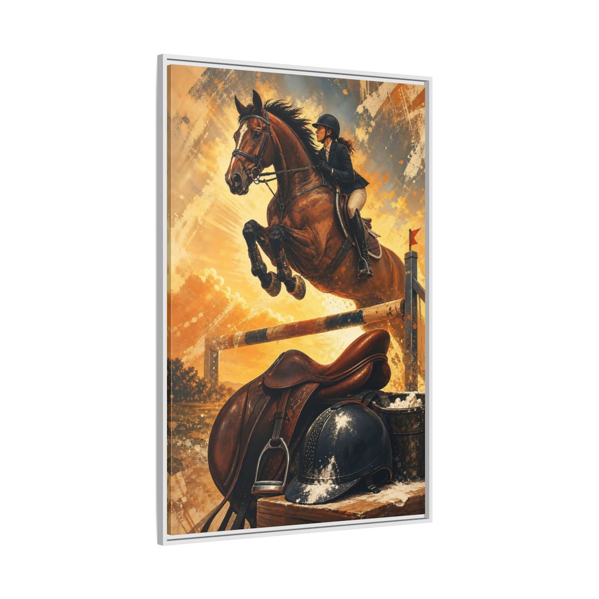 Side Mockup 7. Golden Equestrian Leap shown as framed canvas print