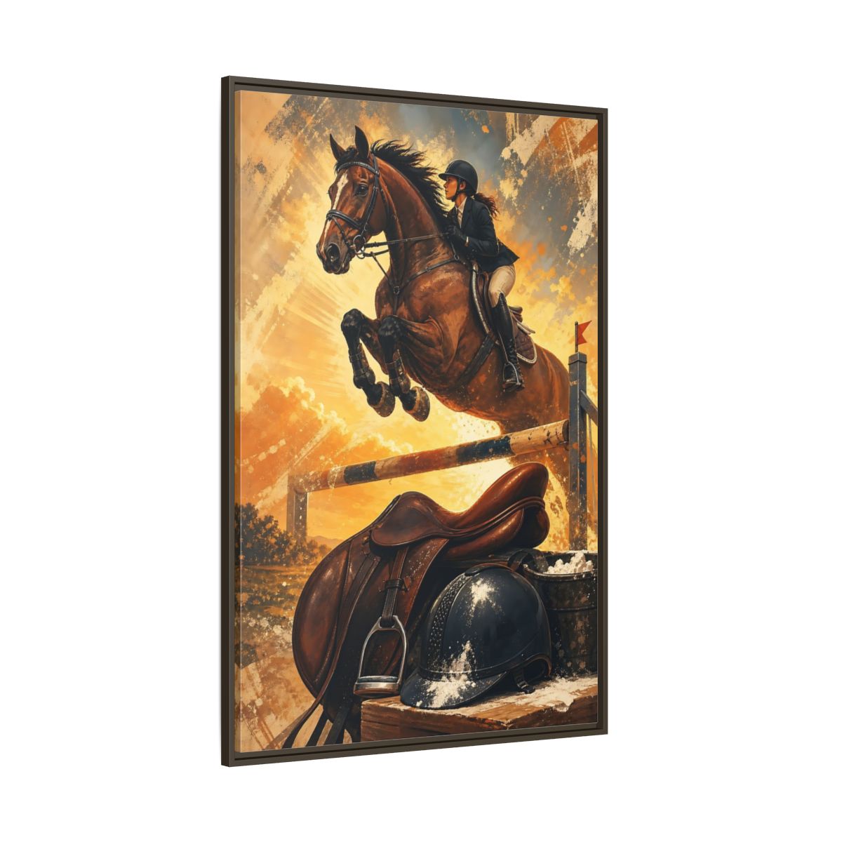 Side Mockup 8. Golden Equestrian Leap shown as framed canvas print