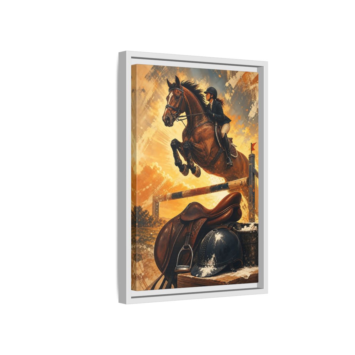 Side Mockup 4. Golden Equestrian Leap shown as framed canvas print