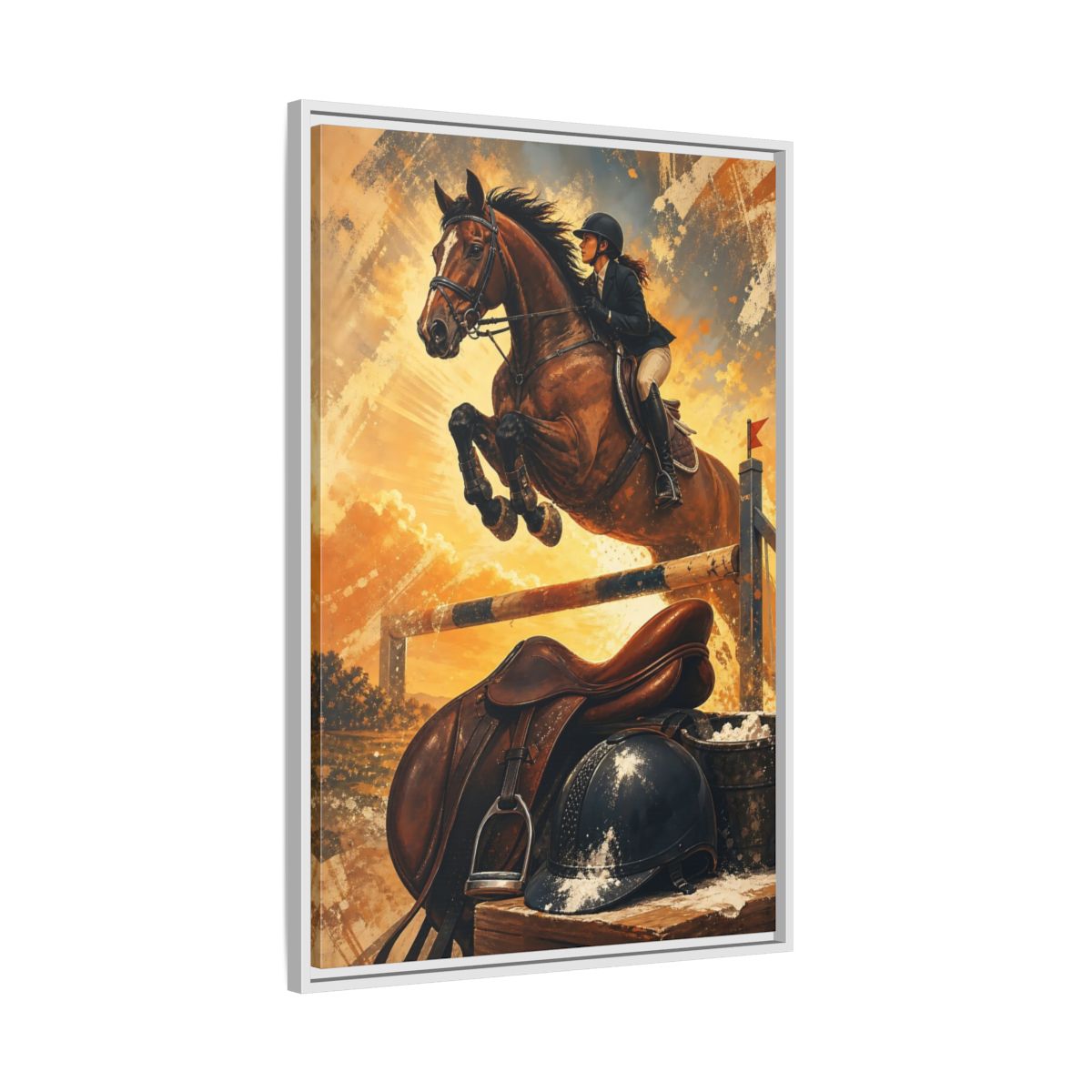 Side Mockup 9. Golden Equestrian Leap shown as framed canvas print