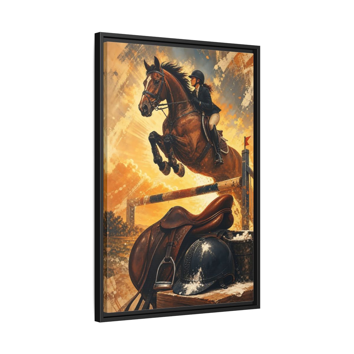 Side Mockup 14. Golden Equestrian Leap shown as framed canvas print