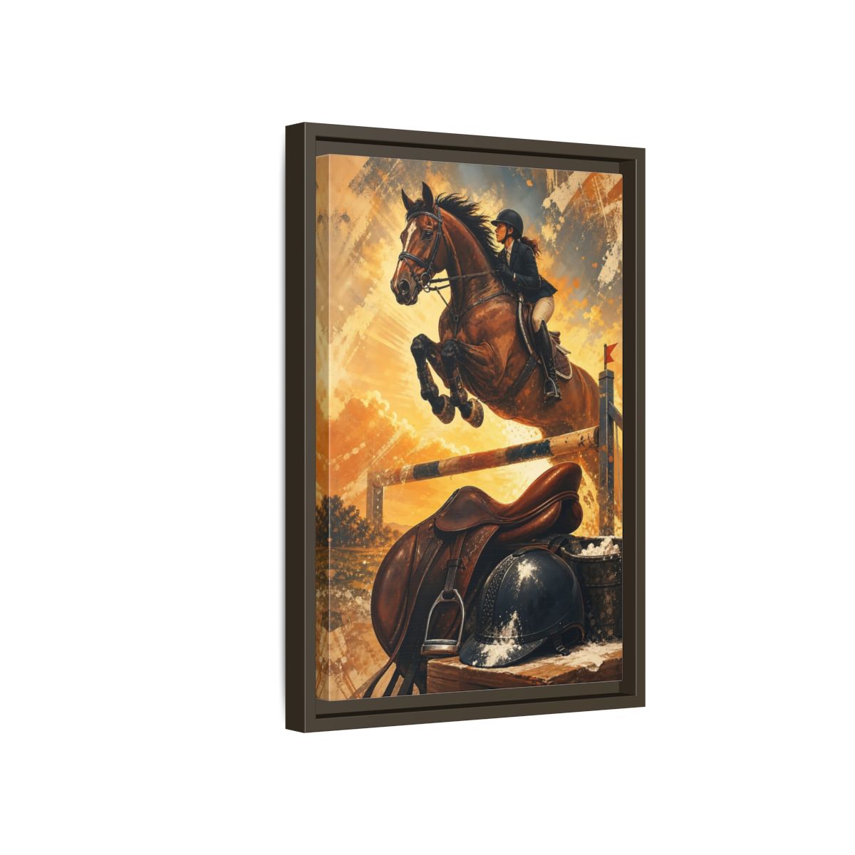 Side Mockup 5. Golden Equestrian Leap shown as framed canvas print
