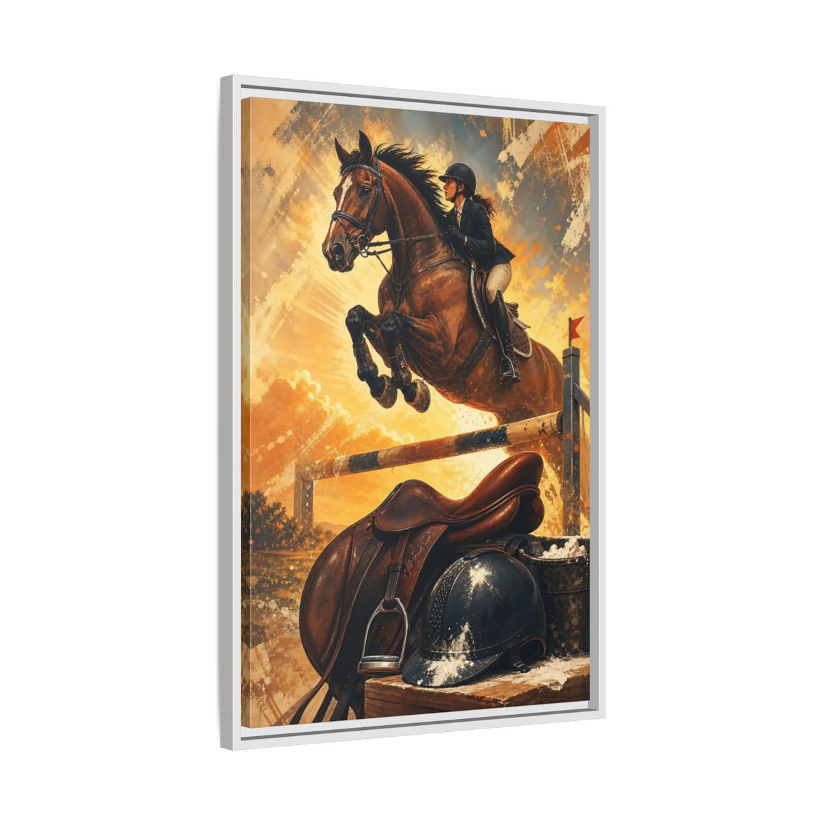 Side Mockup 10. Golden Equestrian Leap shown as framed canvas print