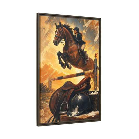 Main Mockup. Golden Equestrian Leap shown as framed canvas print