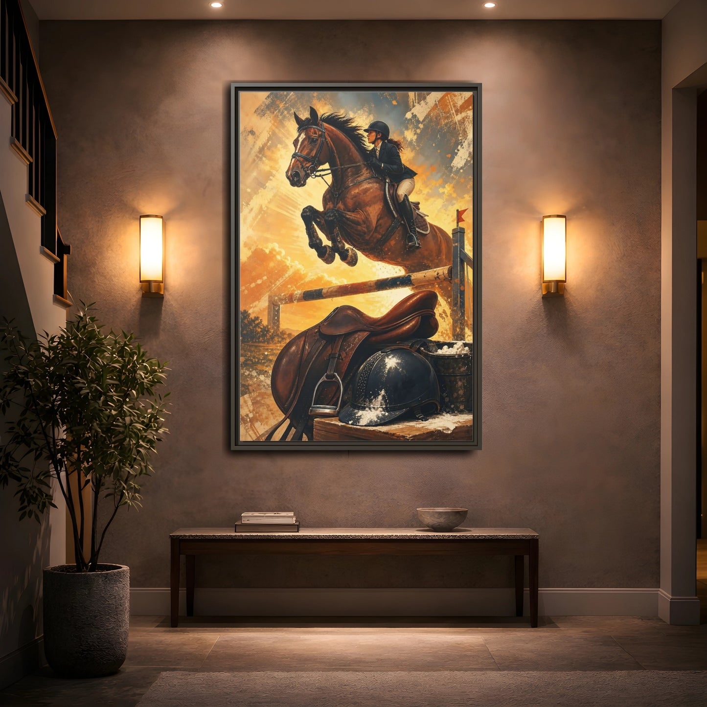 Mockup 2. Golden Equestrian Leap shown as framed canvas print