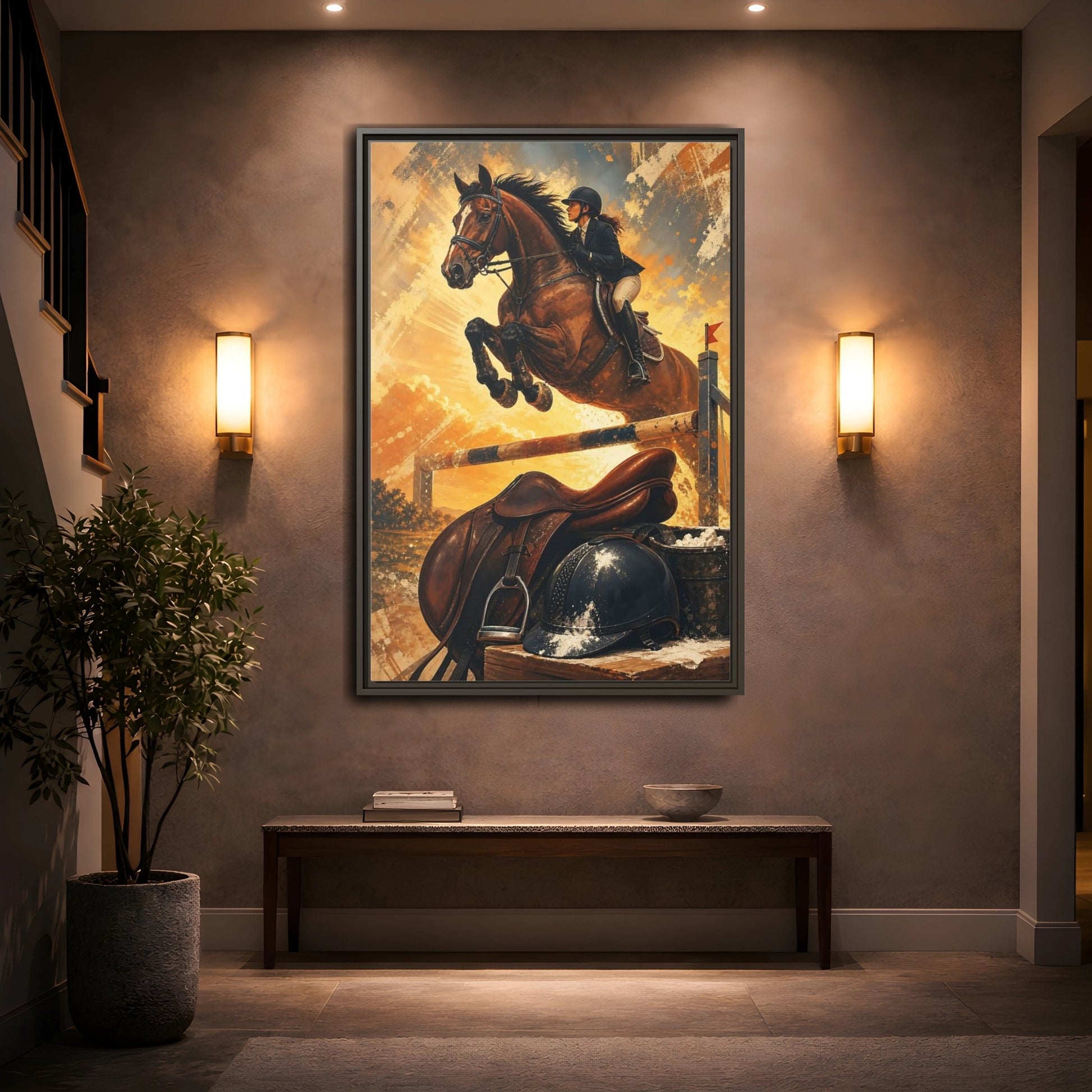 Mockup 2. Golden Equestrian Leap shown as framed canvas print