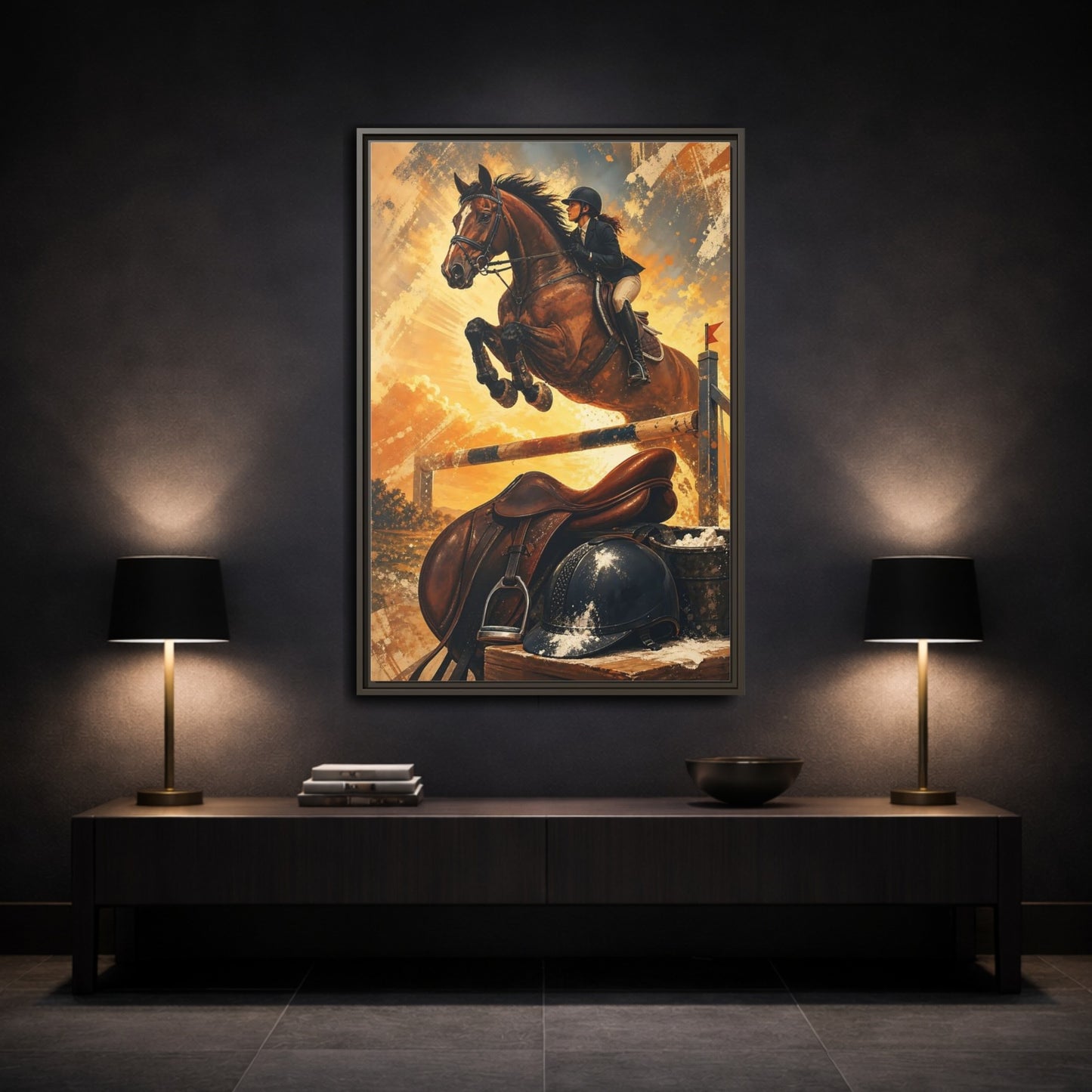 Mockup 3. Golden Equestrian Leap shown as framed canvas print