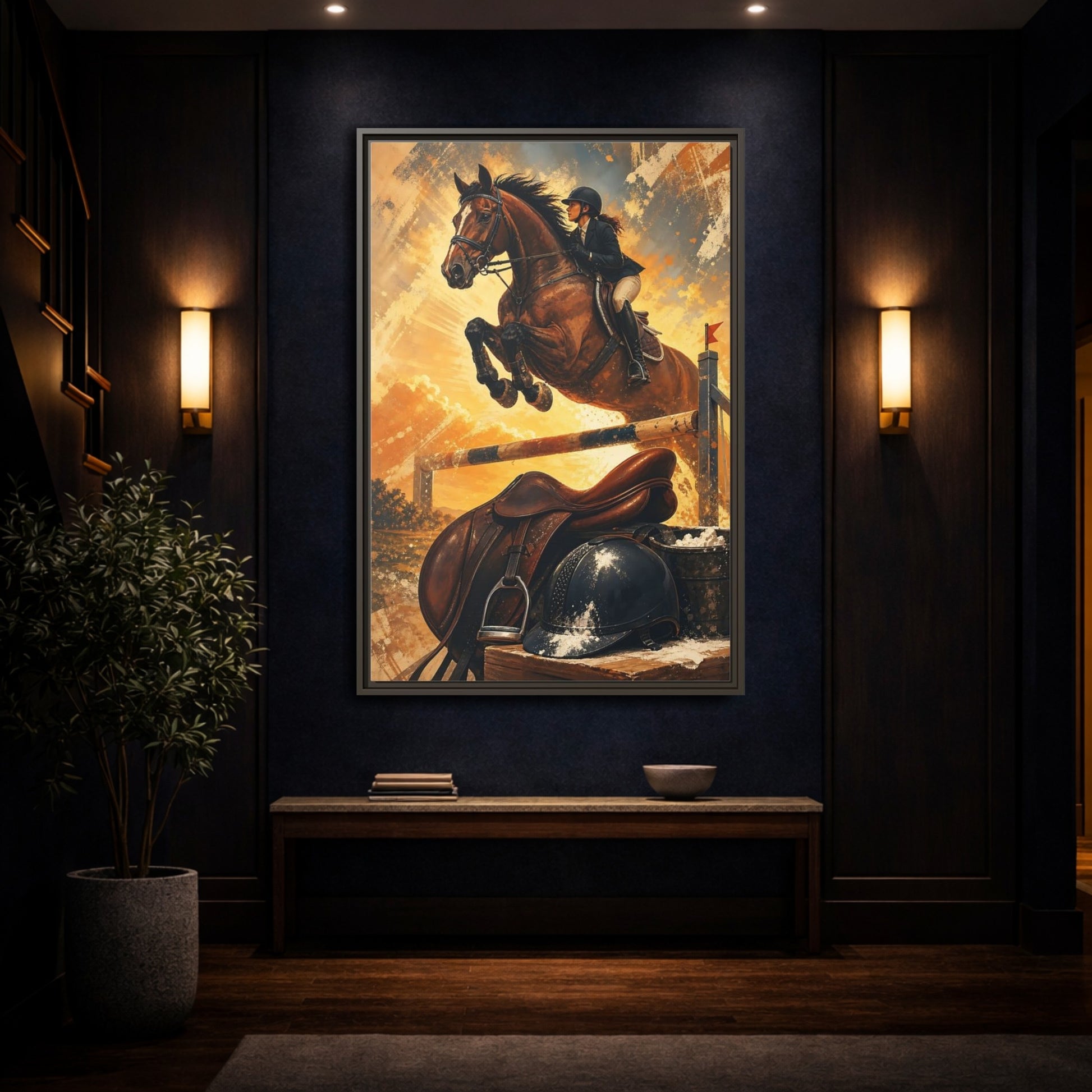Mockup 4. Golden Equestrian Leap shown as framed canvas print
