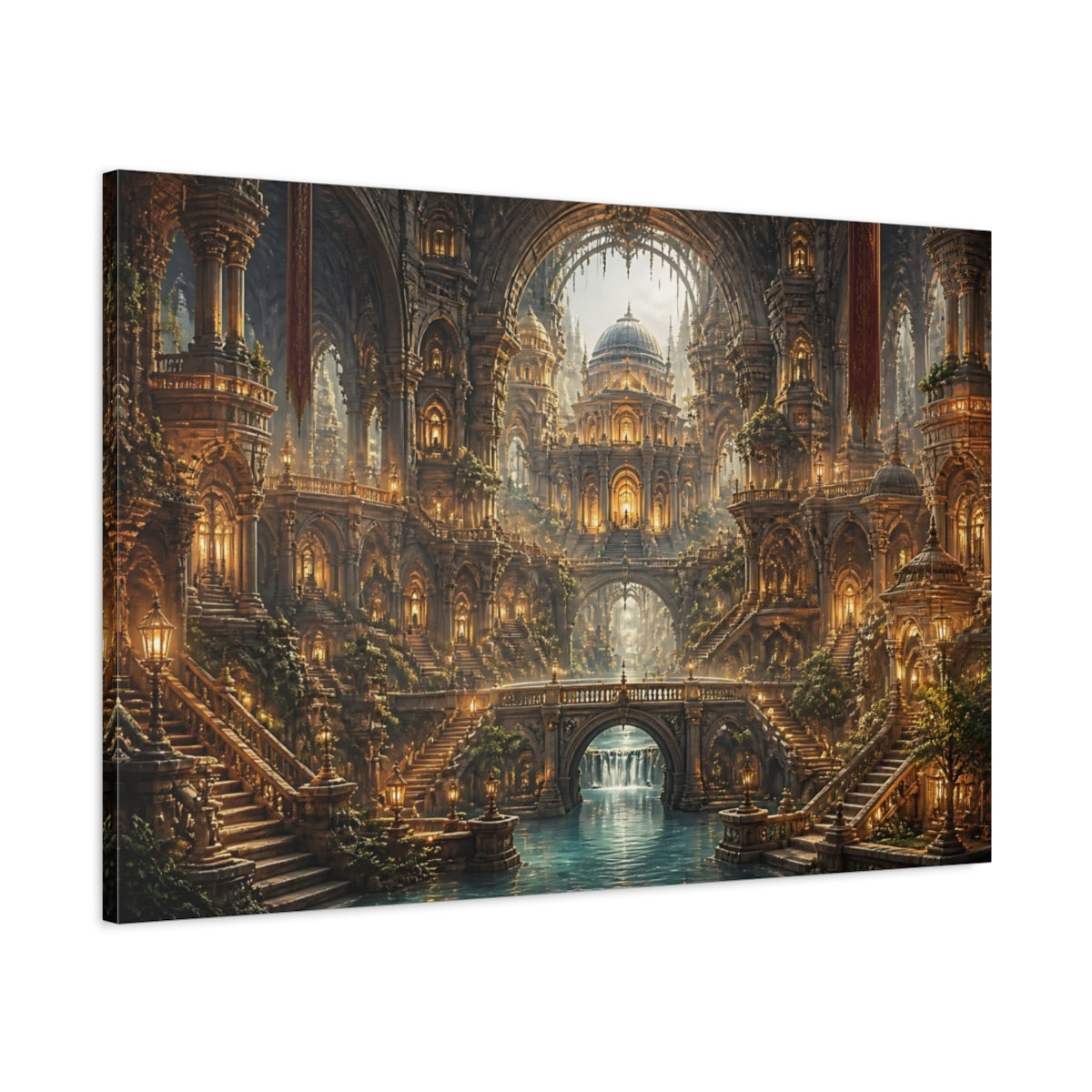 Main Mockup. Golden Fantasy Cathedral shown as canvas print