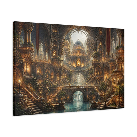 Main Mockup. Golden Fantasy Cathedral shown as canvas print