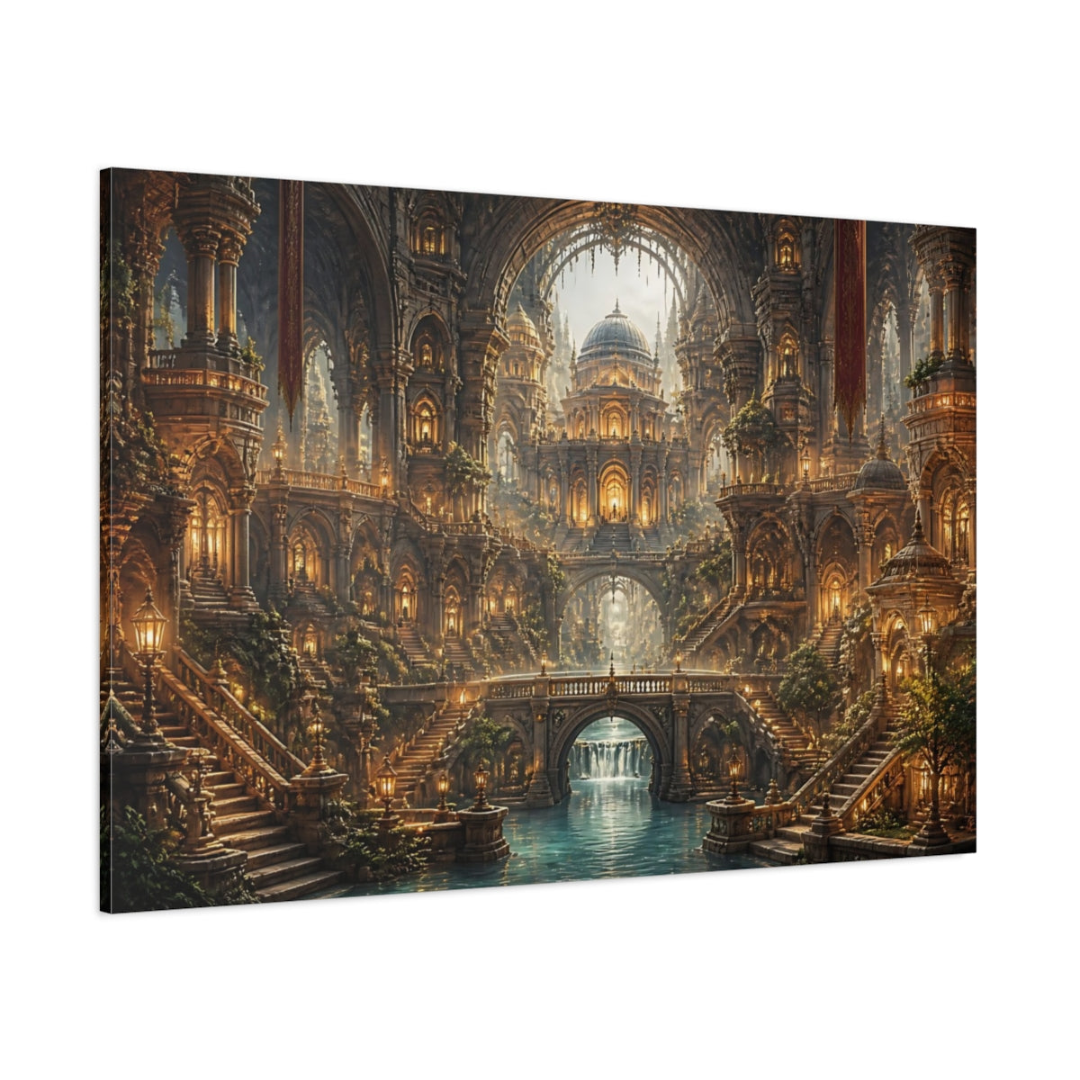 Side Mockup 1. Golden Fantasy Cathedral shown as canvas print