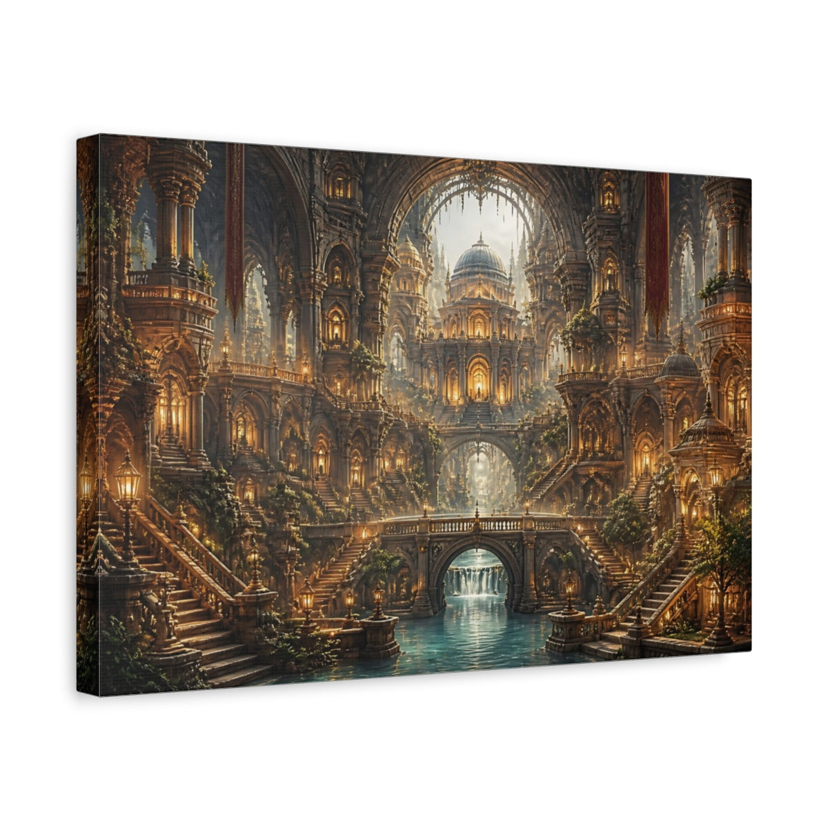 Side Mockup 4. Golden Fantasy Cathedral shown as canvas print