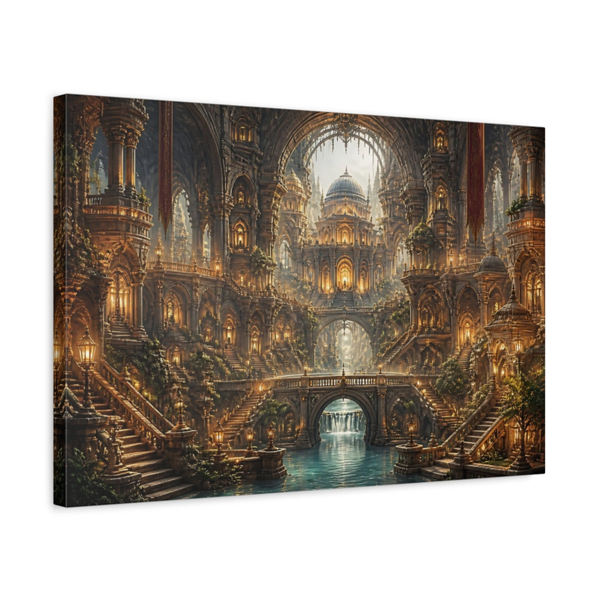 Side Mockup 3. Golden Fantasy Cathedral shown as canvas print
