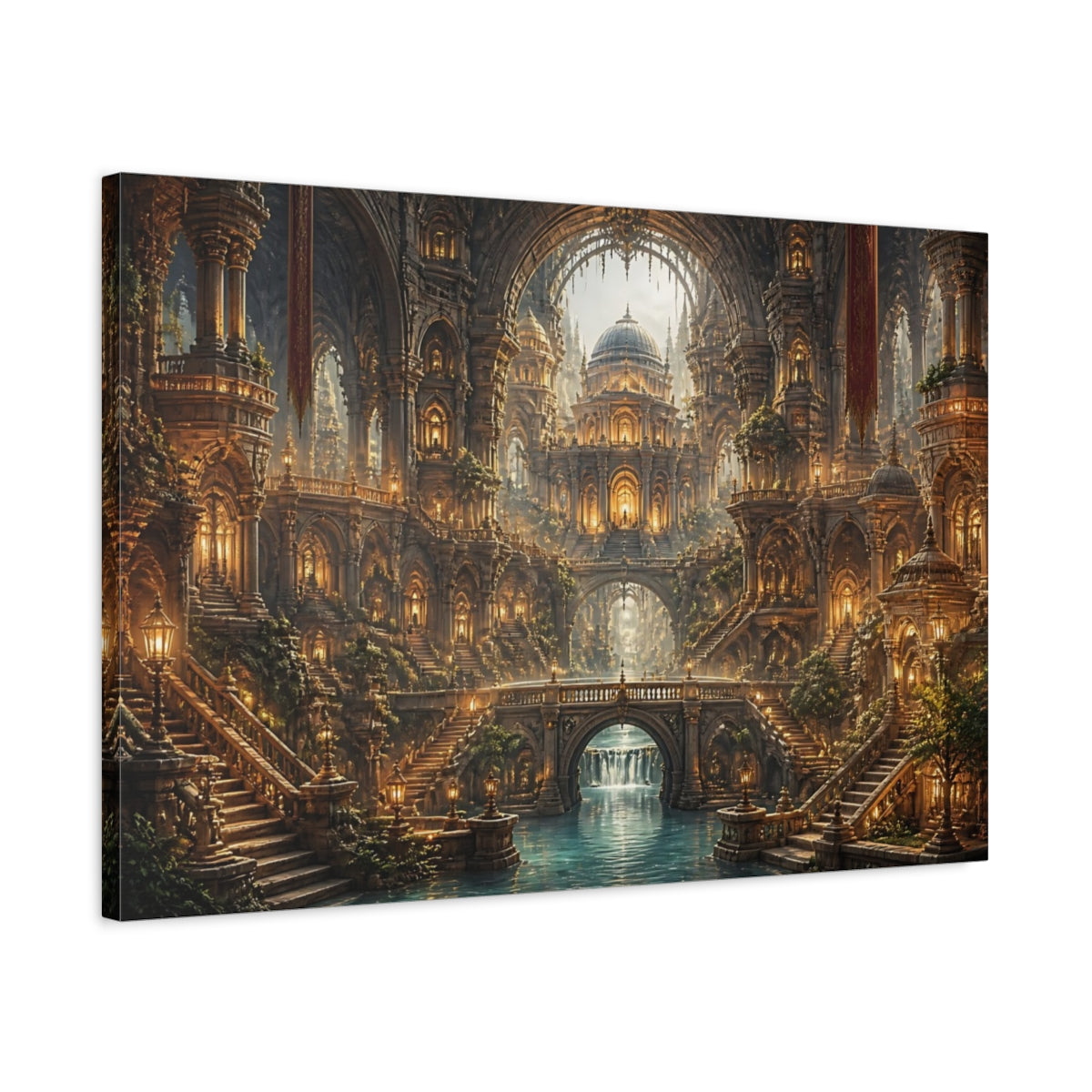Side Mockup 2. Golden Fantasy Cathedral shown as canvas print