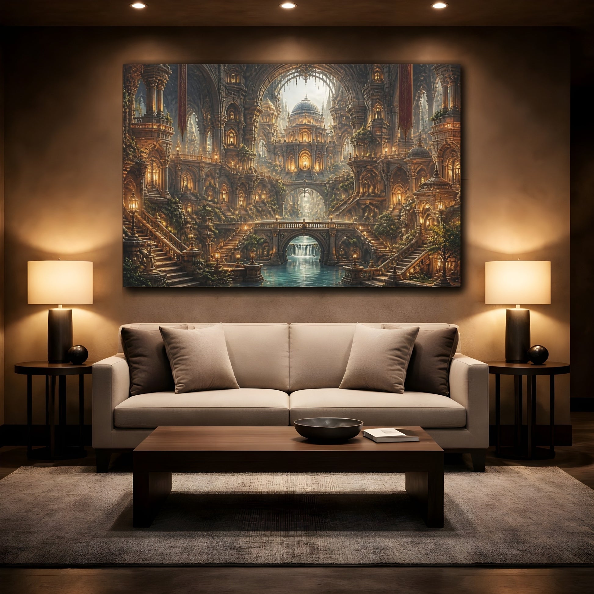 Mockup 2. Golden Fantasy Cathedral shown as canvas print