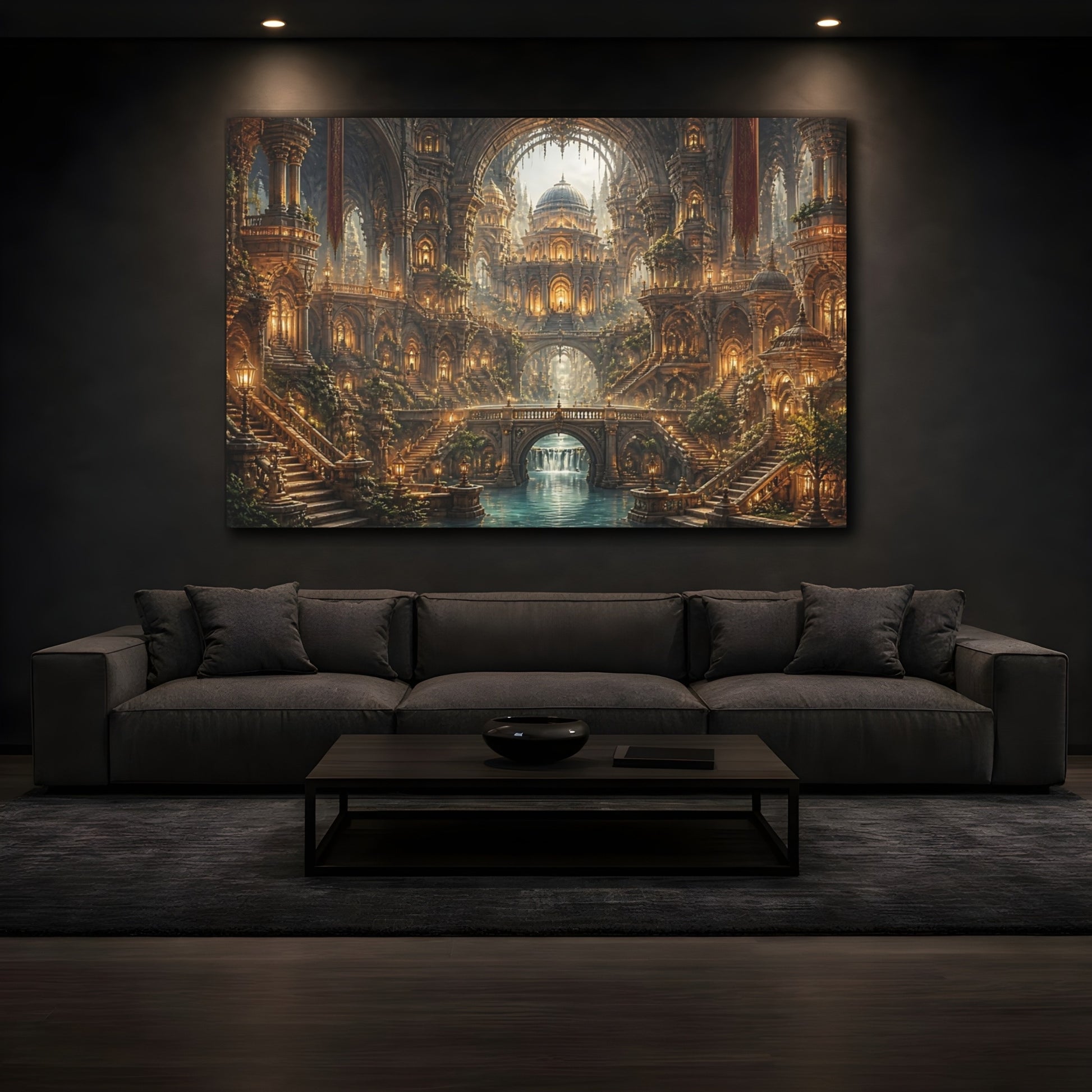 Mockup 3. Golden Fantasy Cathedral shown as canvas print