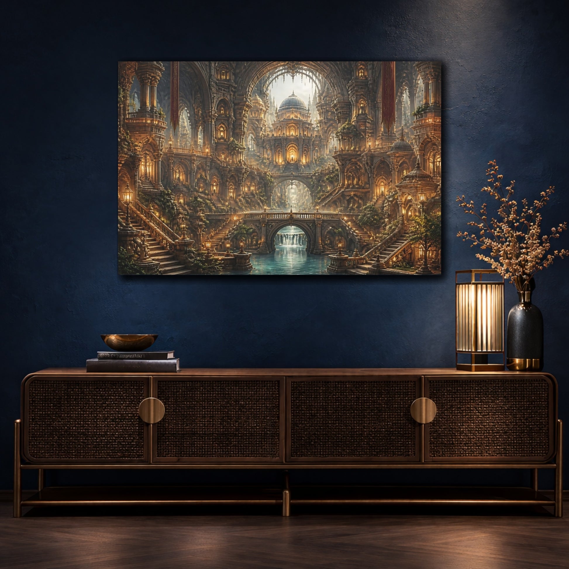 Mockup 4. Golden Fantasy Cathedral shown as canvas print