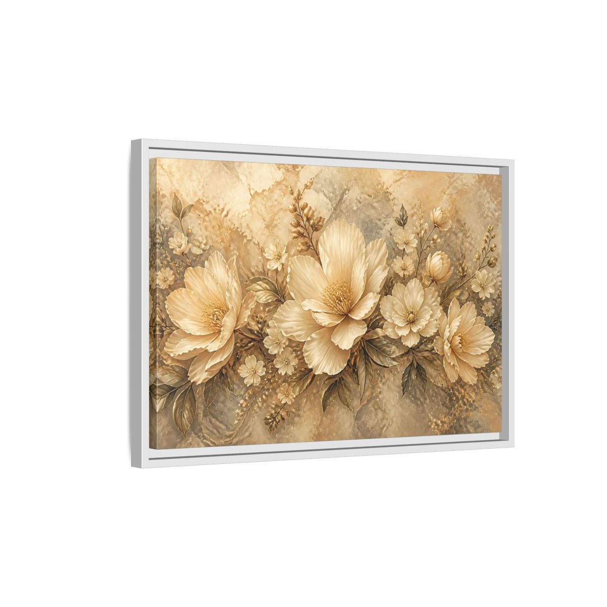Side Mockup 1. Golden Floral Composition shown as framed canvas print