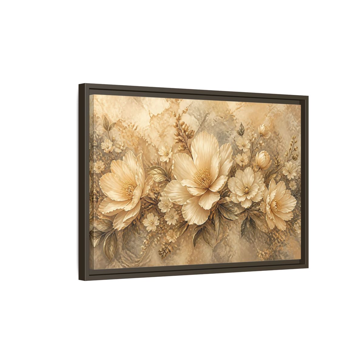Side Mockup 2. Golden Floral Composition shown as framed canvas print