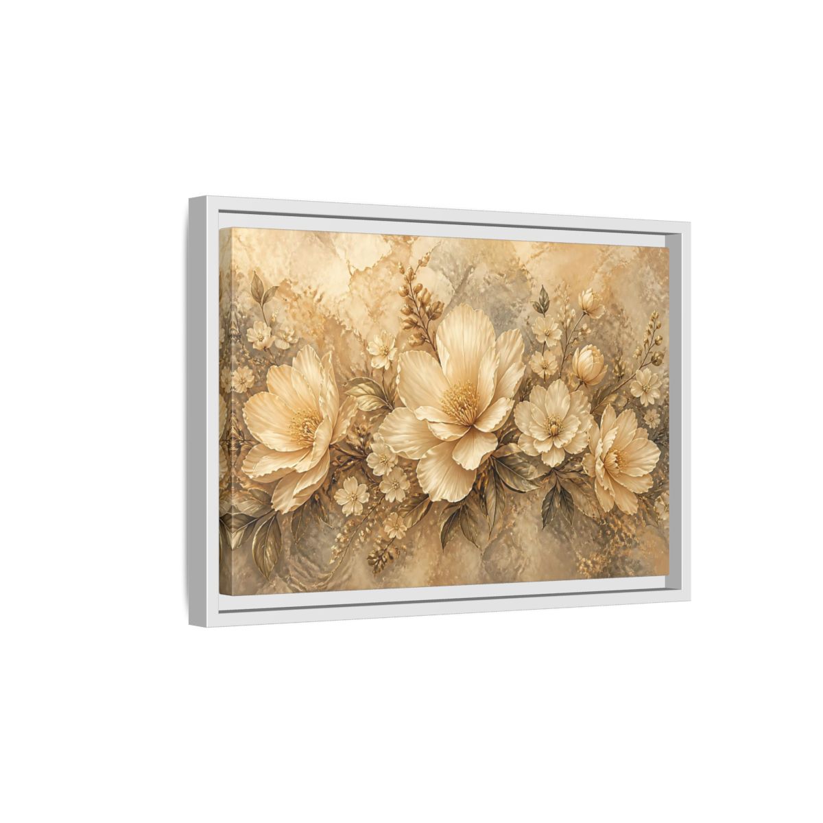 Side Mockup 4. Golden Floral Composition shown as framed canvas print