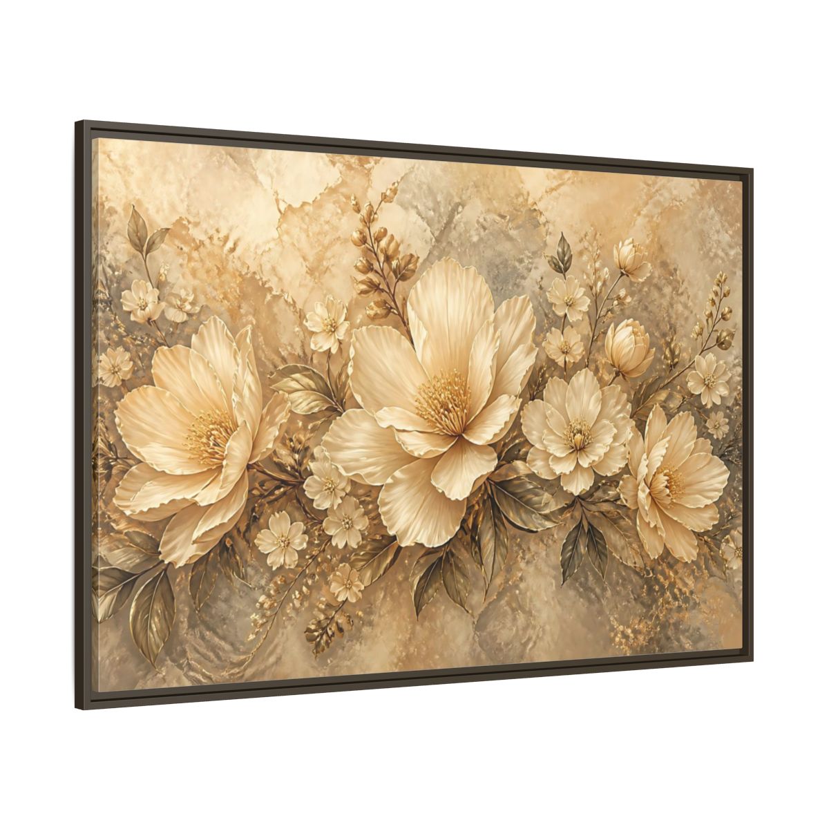 Side Mockup 8. Golden Floral Composition shown as framed canvas print