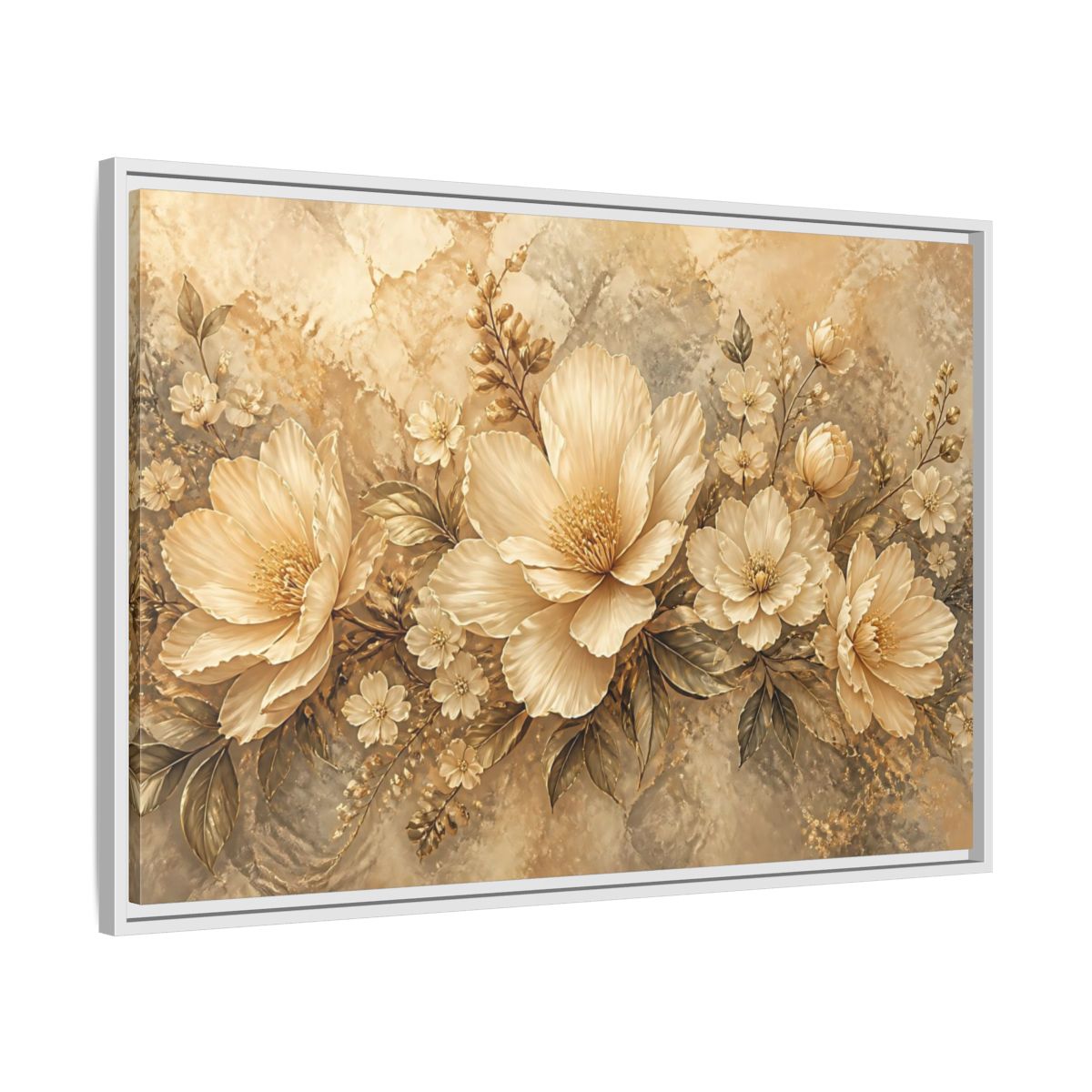 Side Mockup 9. Golden Floral Composition shown as framed canvas print