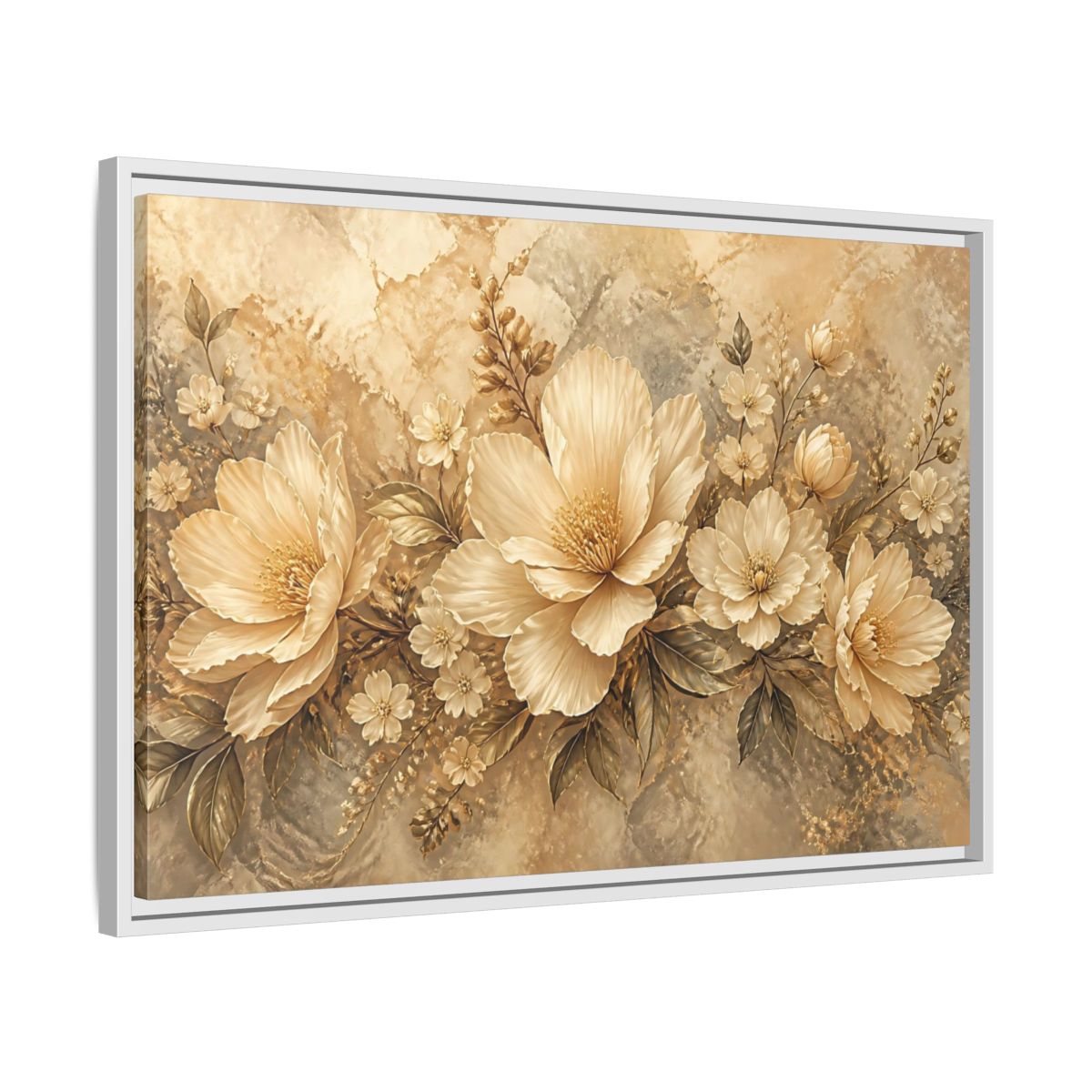 Side Mockup 10. Golden Floral Composition shown as framed canvas print