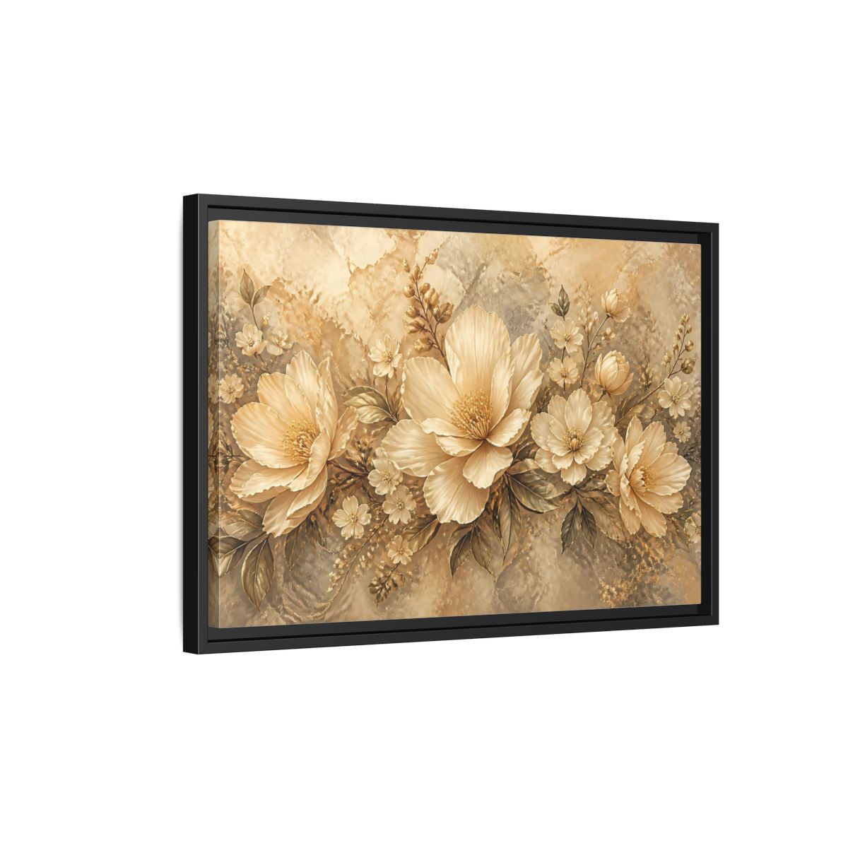 Side Mockup 3. Golden Floral Composition shown as framed canvas print