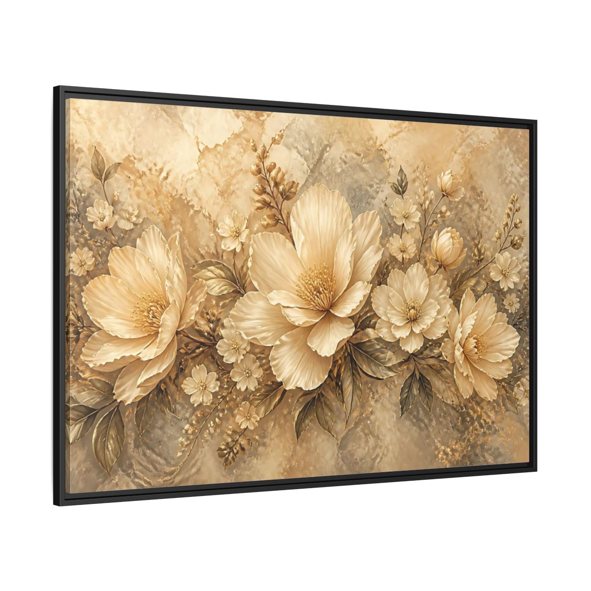 Side Mockup 12. Golden Floral Composition shown as framed canvas print