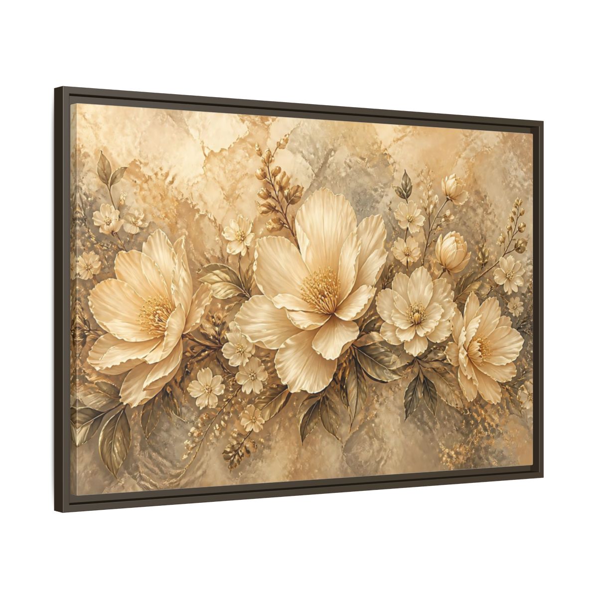 Main Mockup. Golden Floral Composition shown as framed canvas print