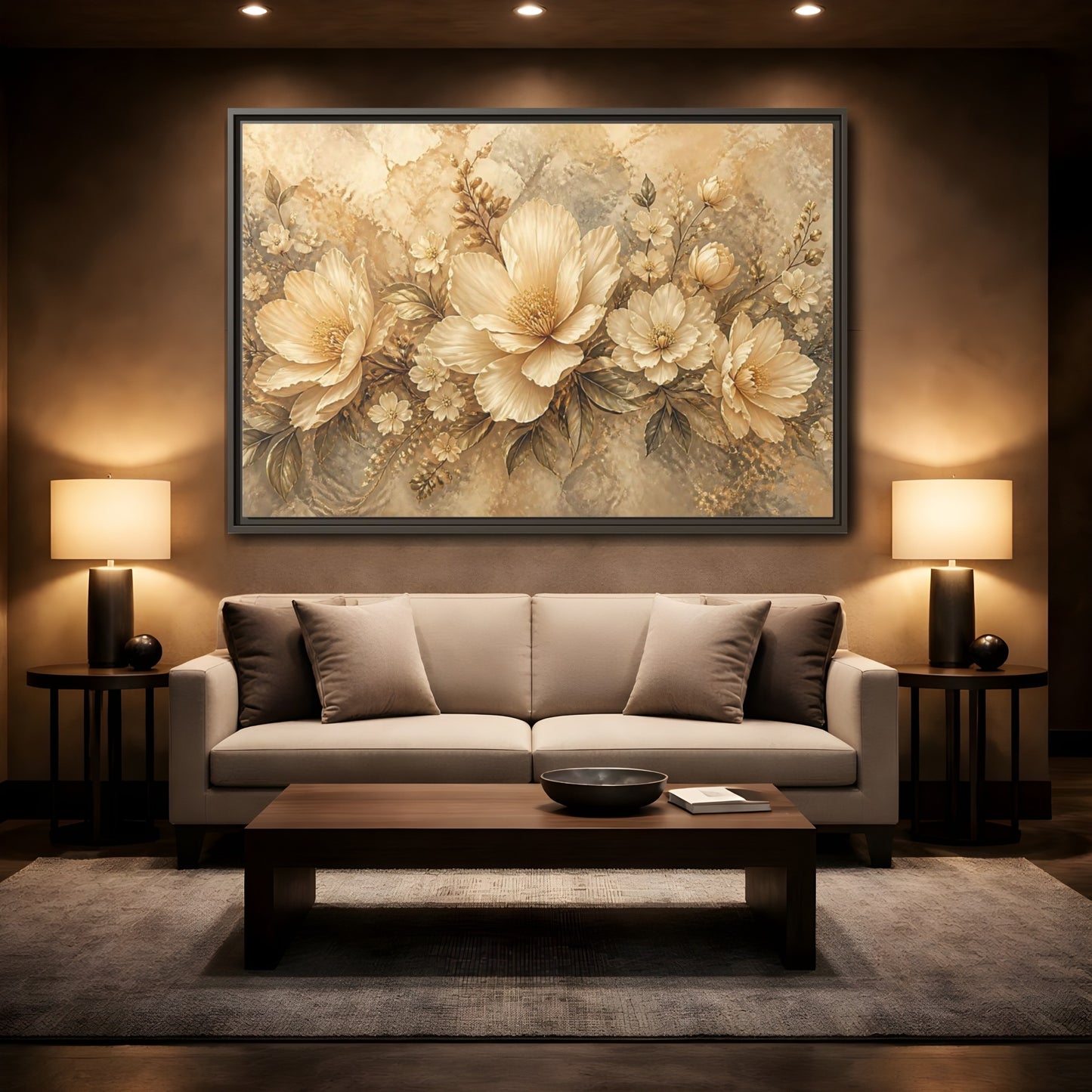 Mockup 2. Golden Floral Composition shown as framed canvas print