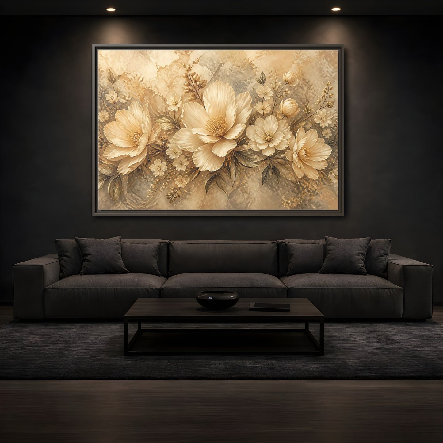 Mockup 3. Golden Floral Composition shown as framed canvas print