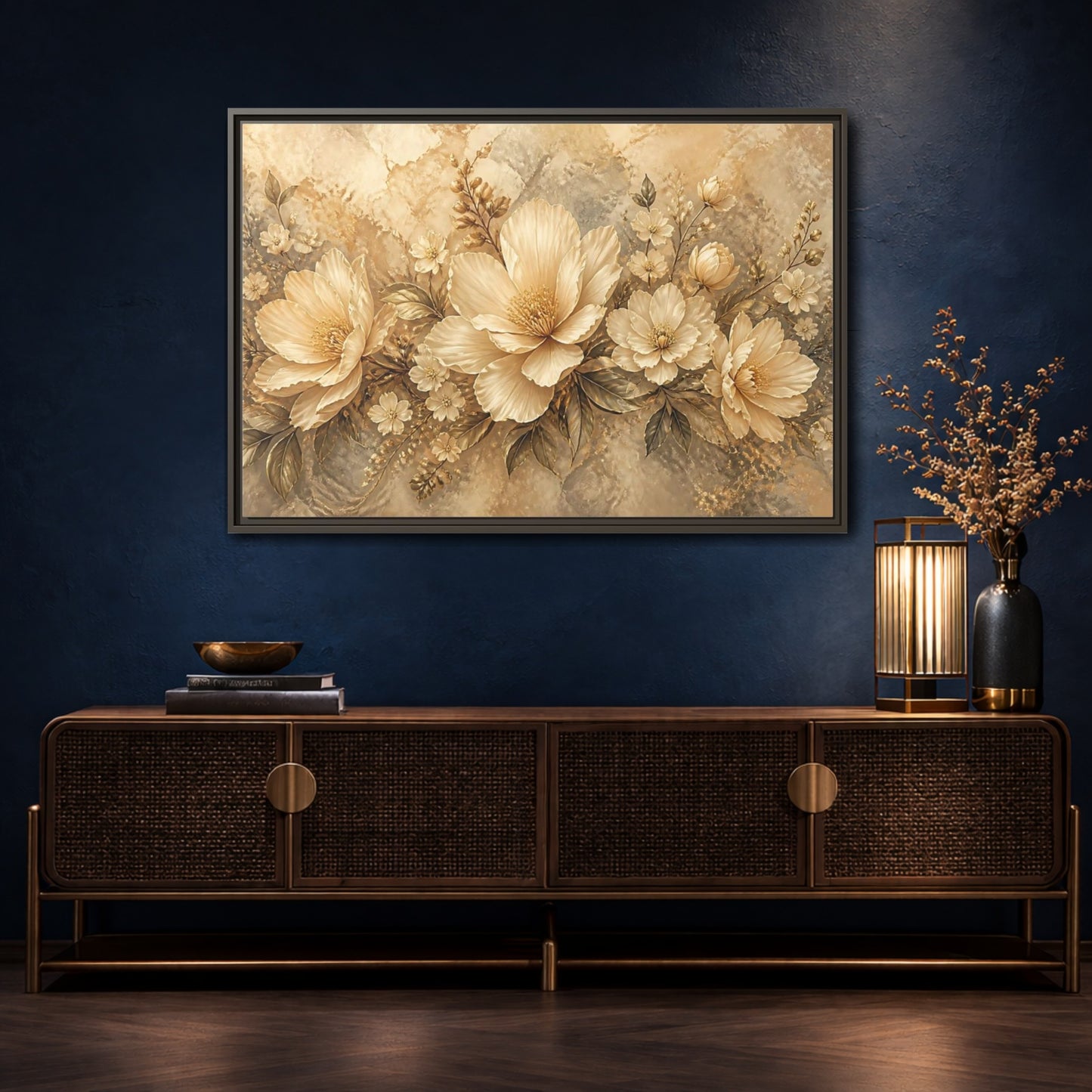 Mockup 4. Golden Floral Composition shown as framed canvas print