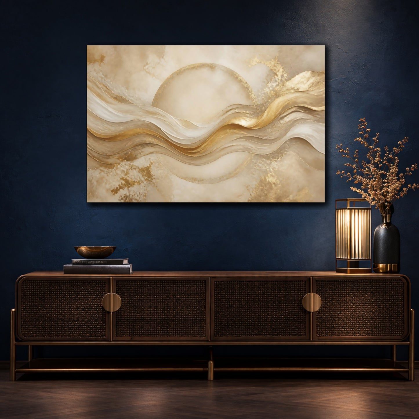Mockup 4. Golden Flowing Halo shown as canvas print
