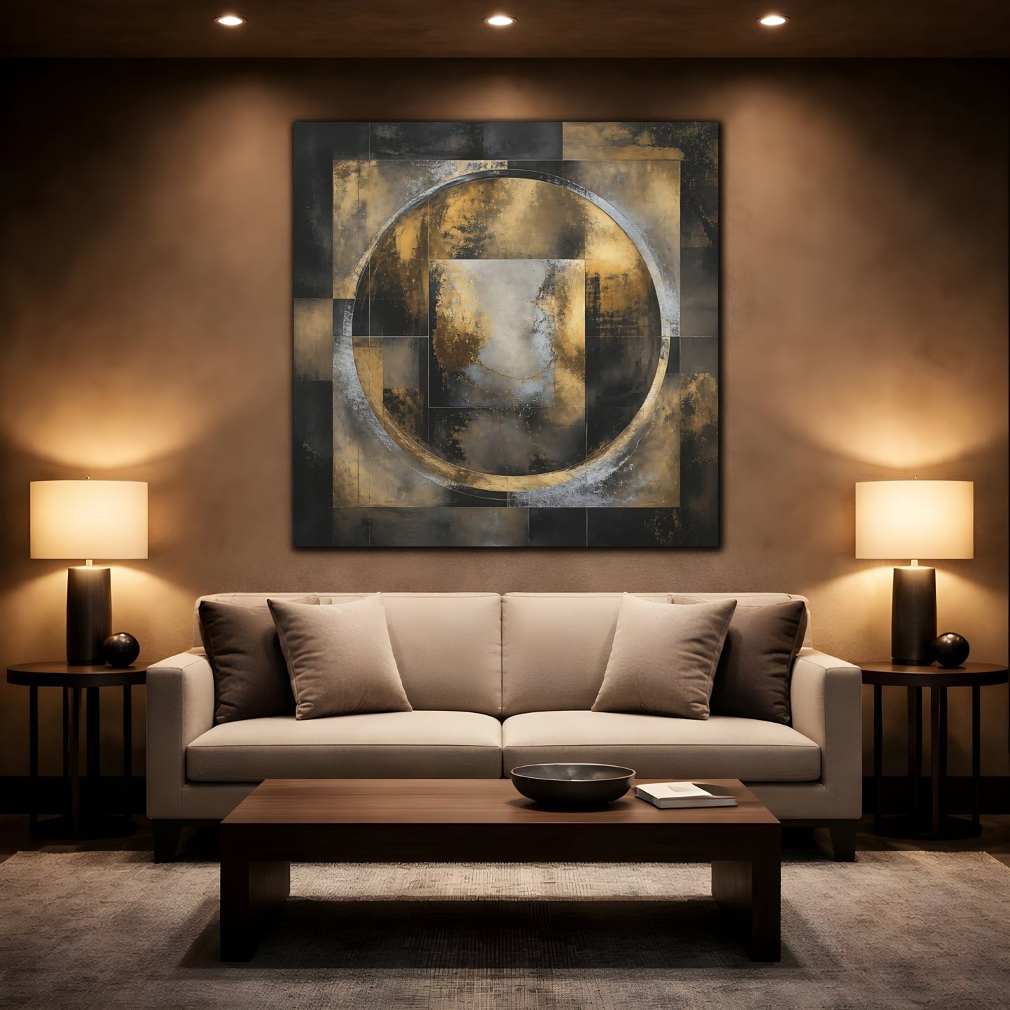 Mockup 2. Golden Geometric Circle shown as canvas print