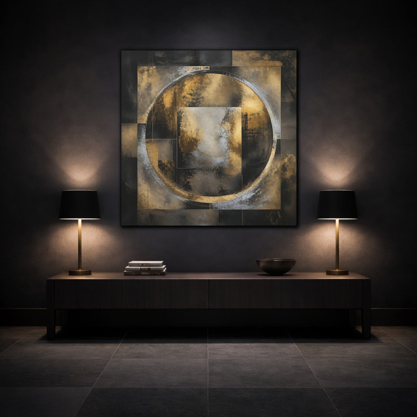 Mockup 3. Golden Geometric Circle shown as canvas print
