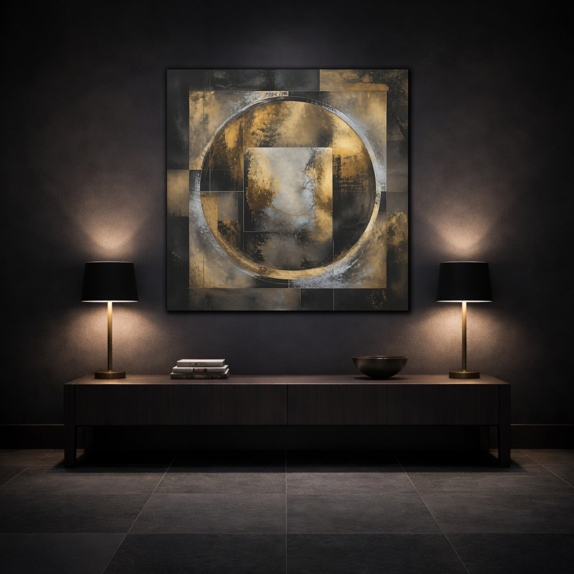 Mockup 3. Golden Geometric Circle shown as canvas print