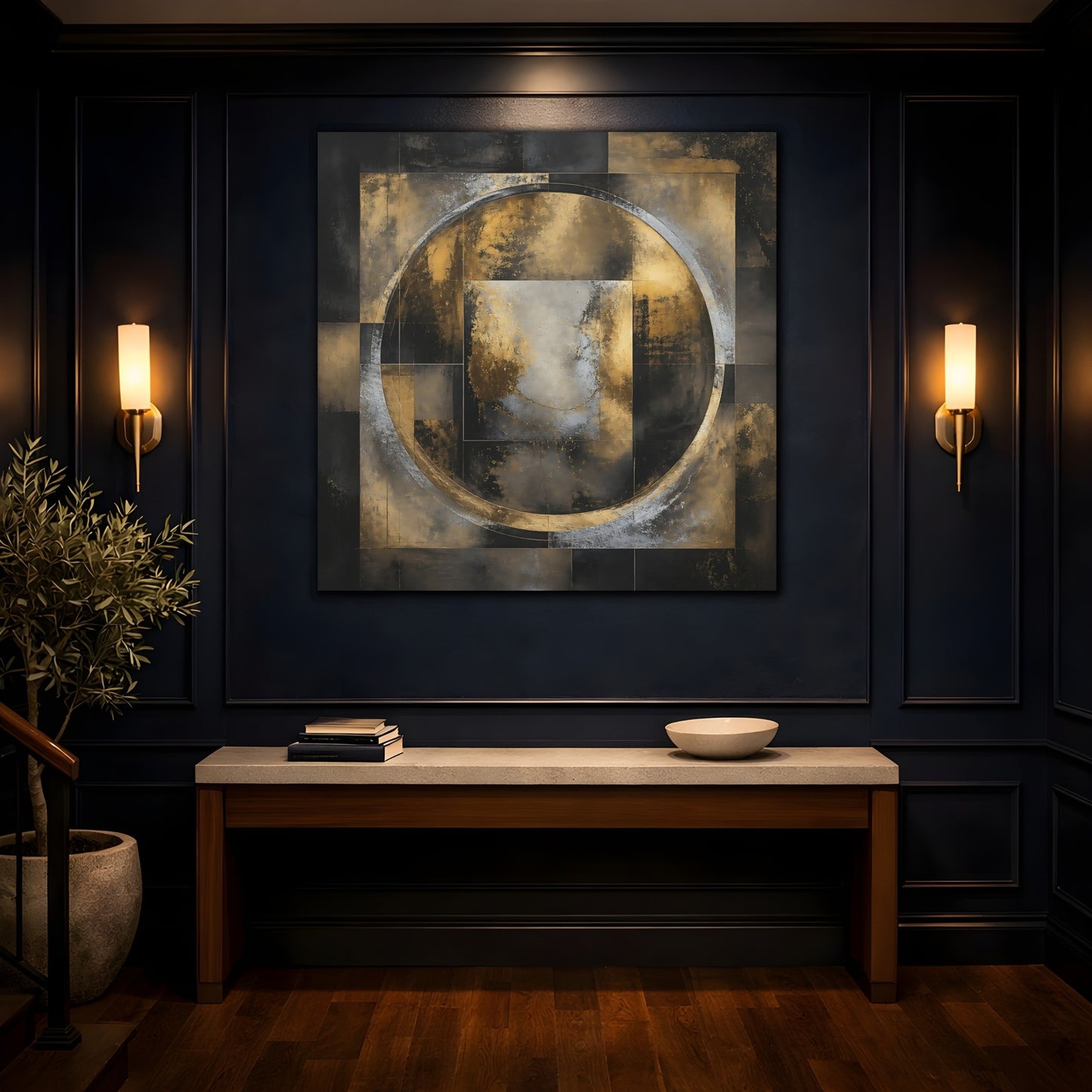 Mockup 4. Golden Geometric Circle shown as canvas print