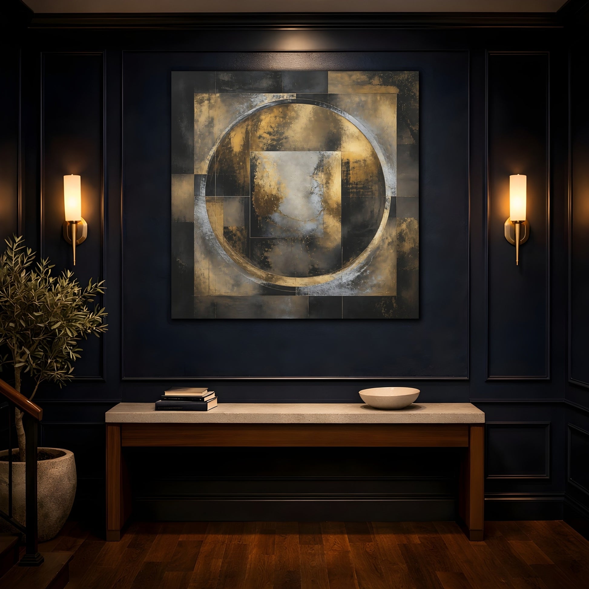 Mockup 4. Golden Geometric Circle shown as canvas print