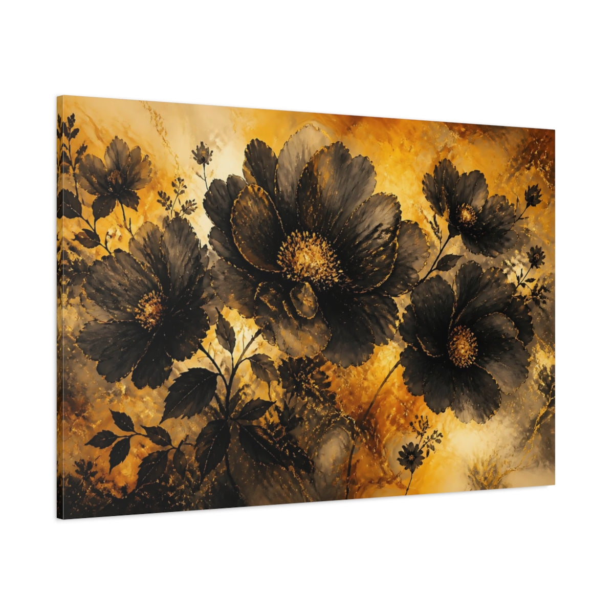 Side Mockup 1. Golden Glow Black Blossoms shown as canvas print