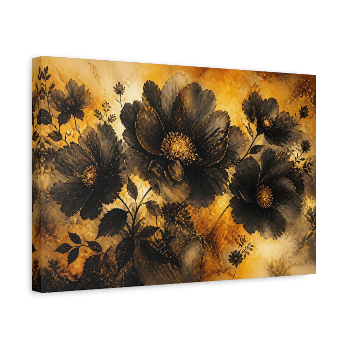 Side Mockup 4. Golden Glow Black Blossoms shown as canvas print