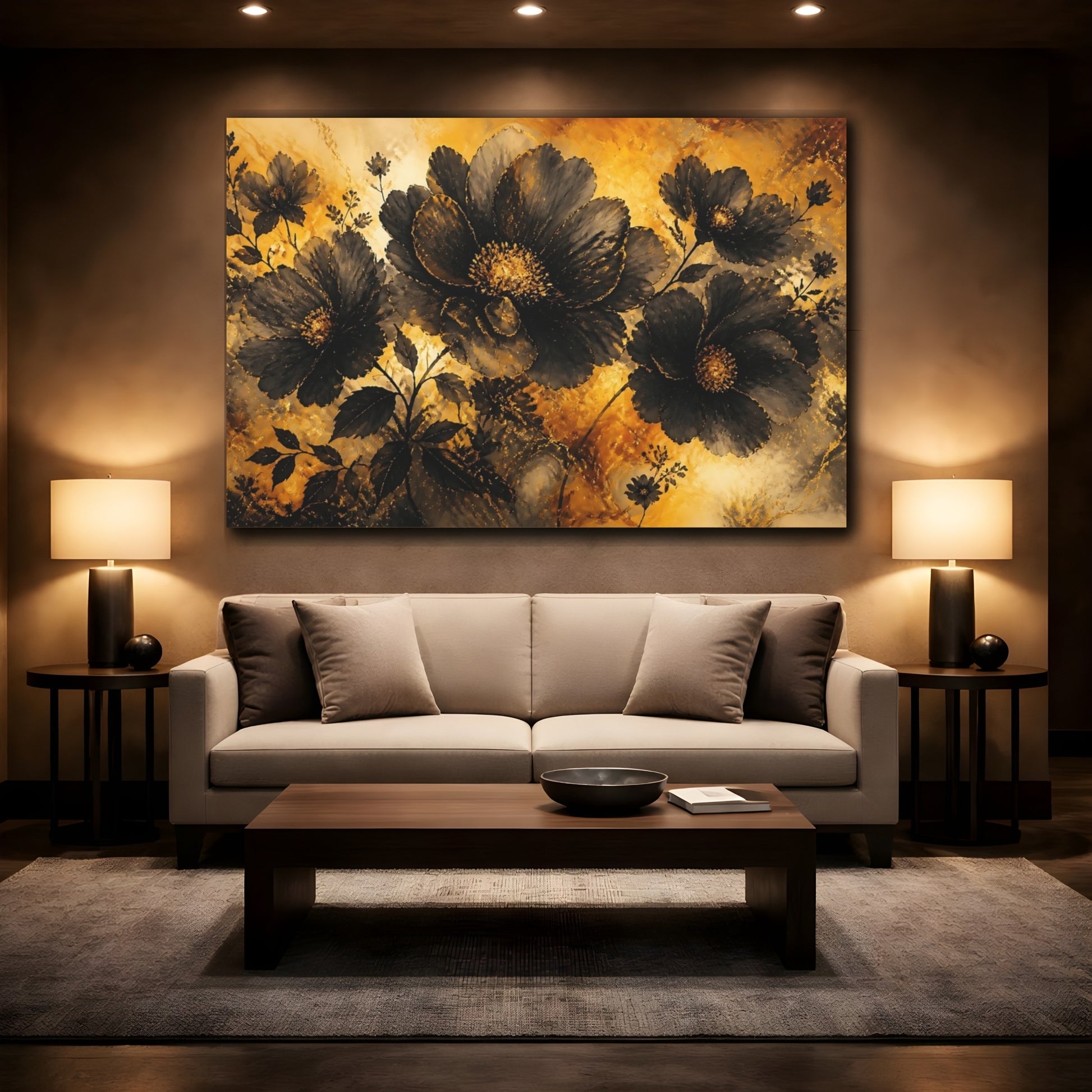 Mockup 2. Golden Glow Black Blossoms shown as canvas print