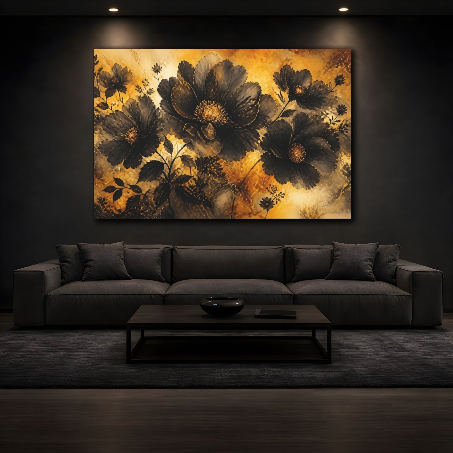 Mockup 3. Golden Glow Black Blossoms shown as canvas print