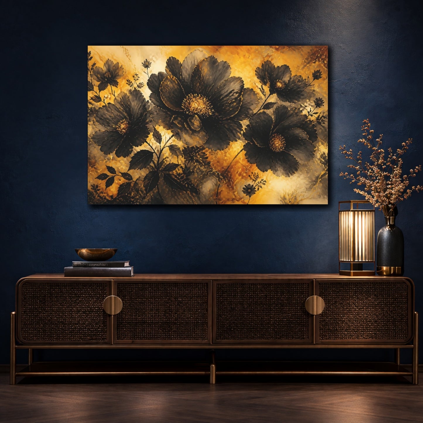Mockup 4. Golden Glow Black Blossoms shown as canvas print